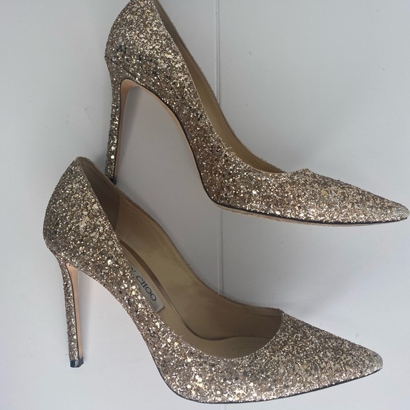 Jimmy Choo Romy Coarse Glitter Gold Fabric Pump Heels - Picture 4 of 9